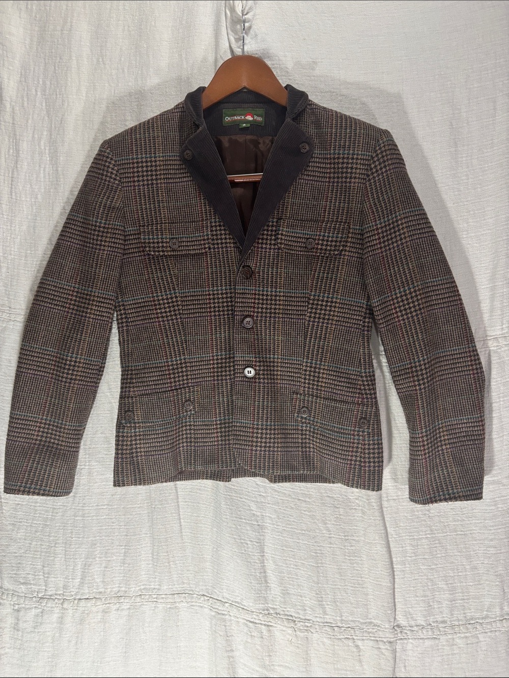 Vintage 80s Outback Red Brown Glen Plaid Houndstooth Blazer Corduroy Collar